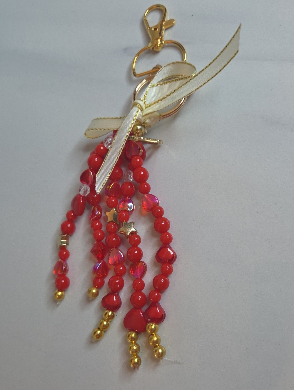 Red Beaded With Hearts Tassel Bag Charm